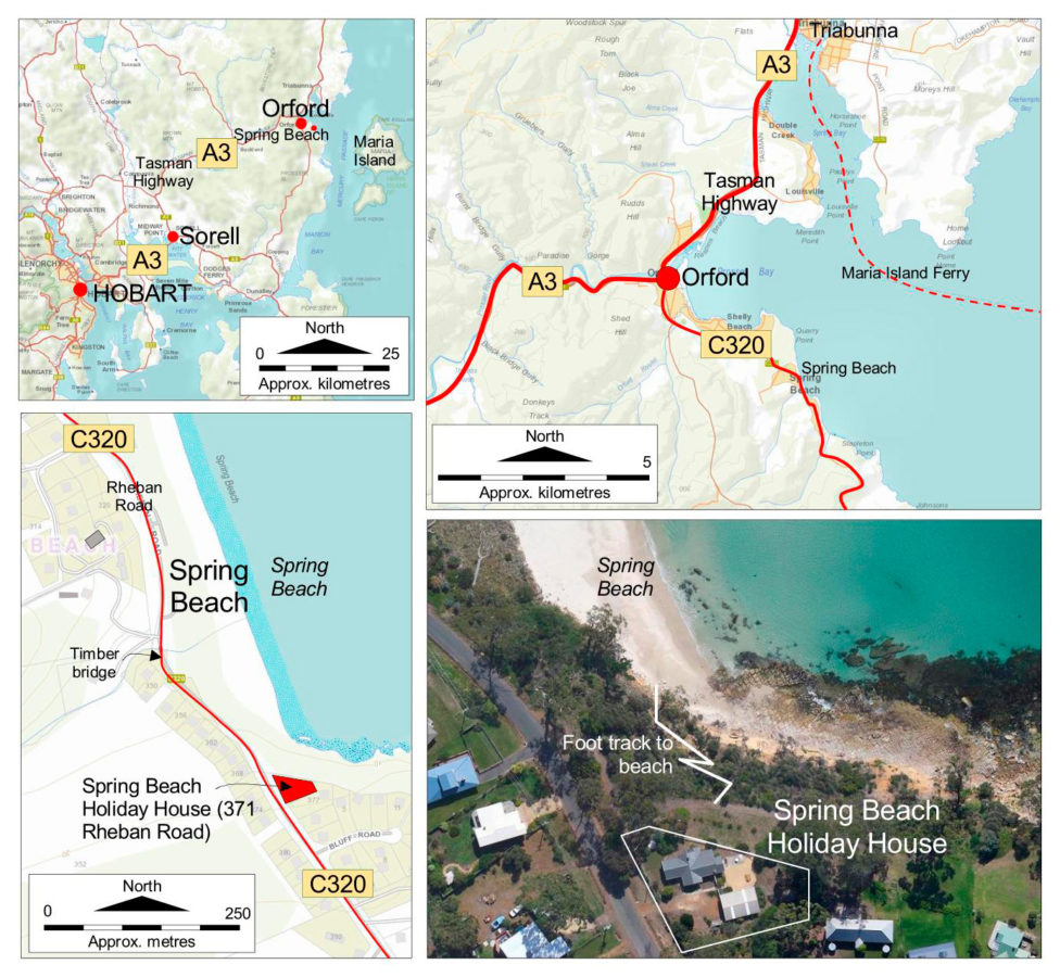 Maps showing how to get to Spring Beach Holiday accommodation and foot track to the beach.